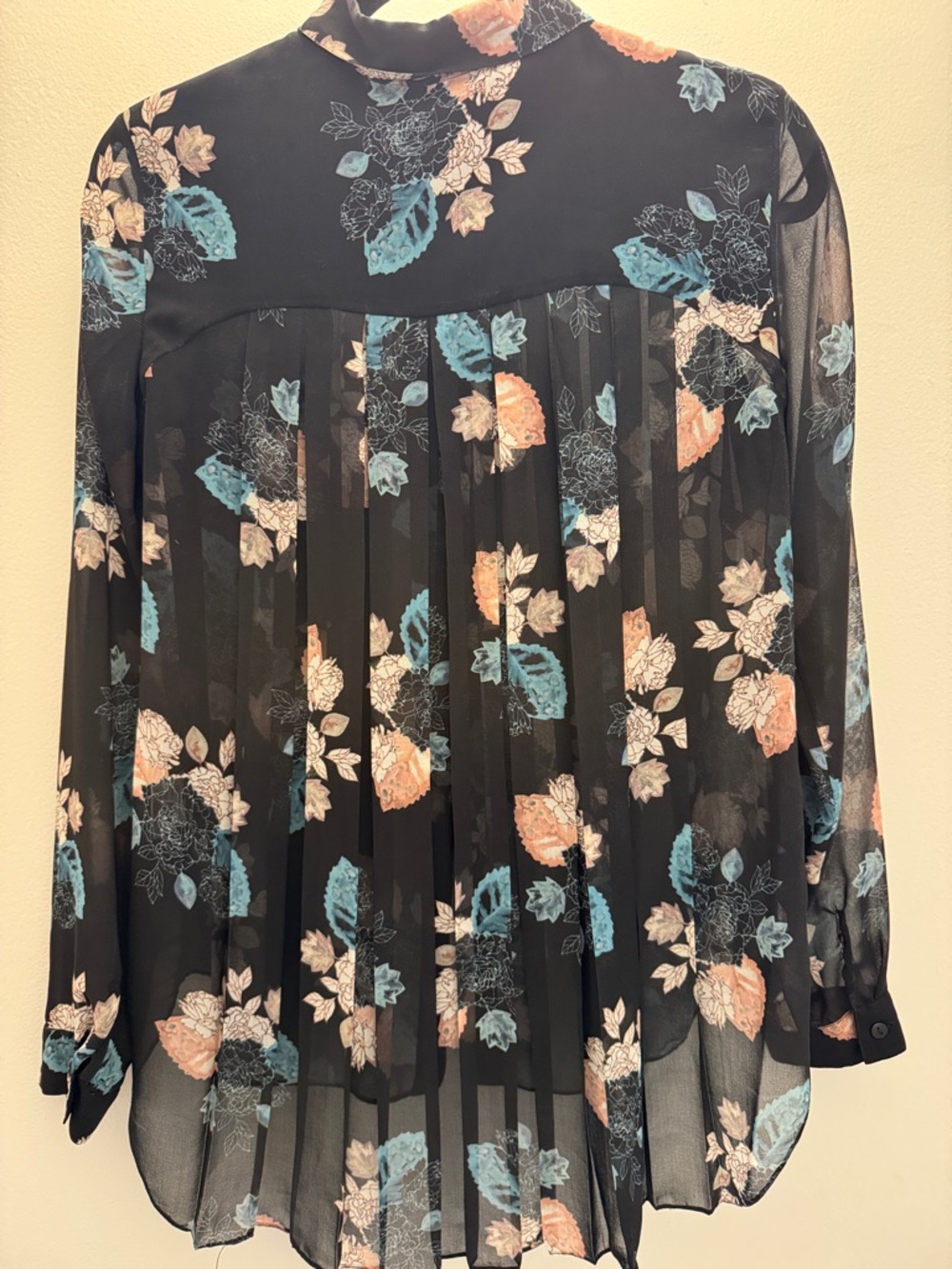 Sachin + Babi Black Sheer Floral Button-Up Blouse with Peach and Teal Accents - Picture 4 of 5